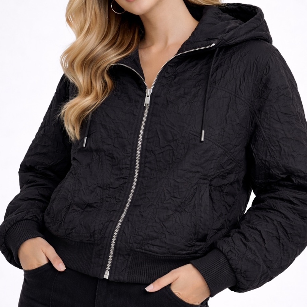 Helmut Lang Crinkled Zip Hooded Jacket XS Black Cropped Modal Blend